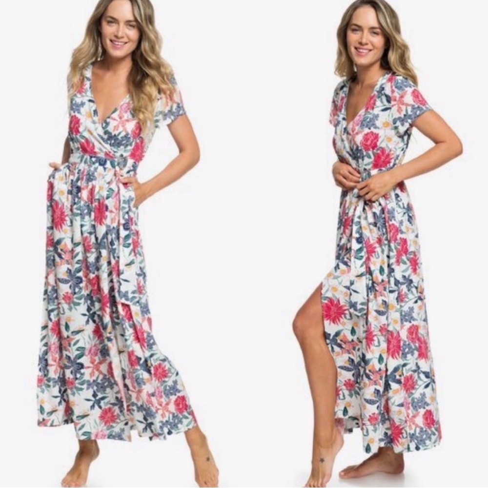 Roxy White Floral Maxi Dress with Pink & Green Print